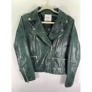 Mango Moto Genuine Leather Green Jacket Size Medium EUC